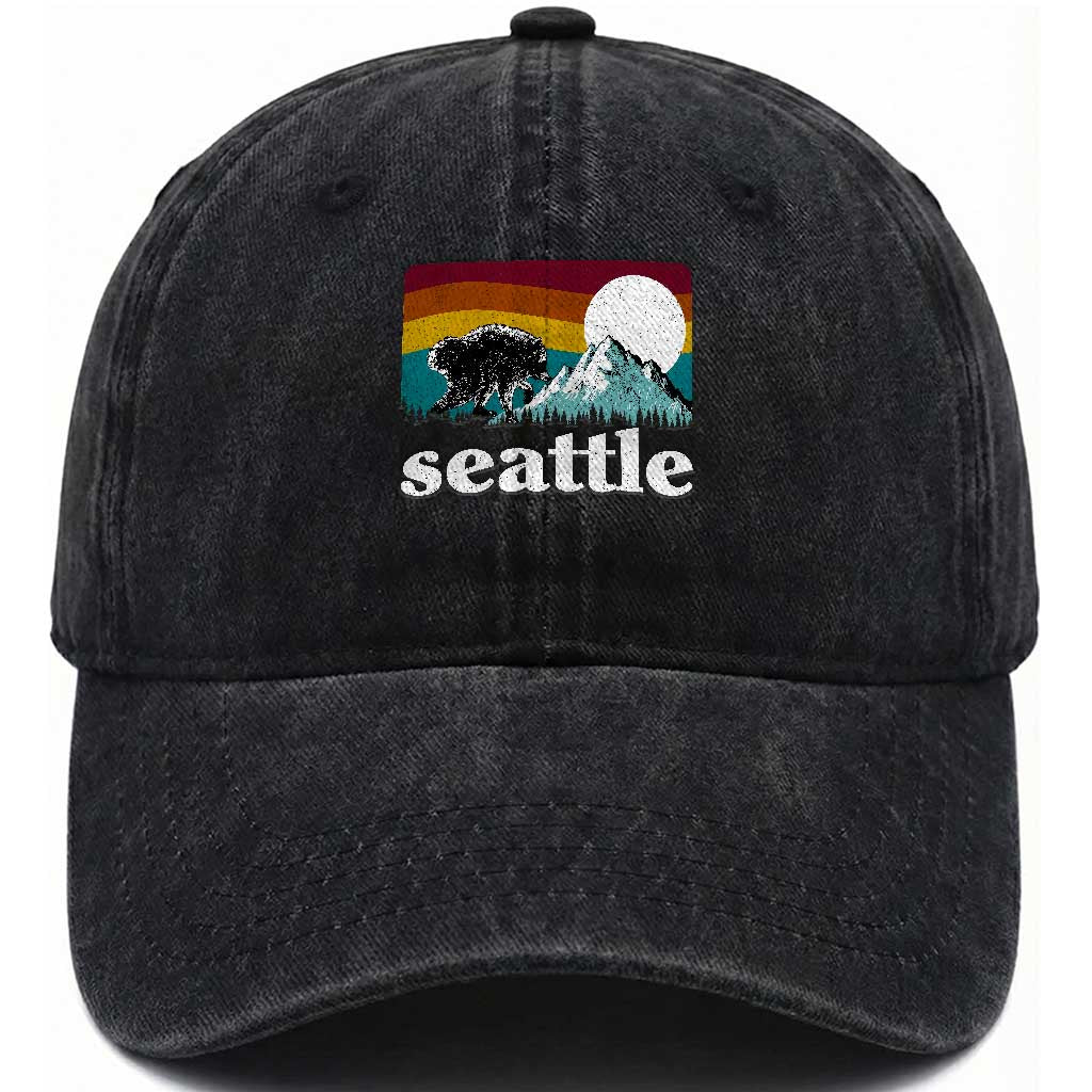 Seattle WA Mountains Jimothy the Raccoon Graphic Washed Cotton Baseball Cap Retro Vintage Sunset Viral Trash Panda Feral Legend