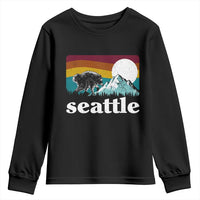 Seattle WA Mountains Jimothy the Raccoon Graphic Youth Sweatshirt Retro Vintage Sunset Viral Trash Panda Feral Legend