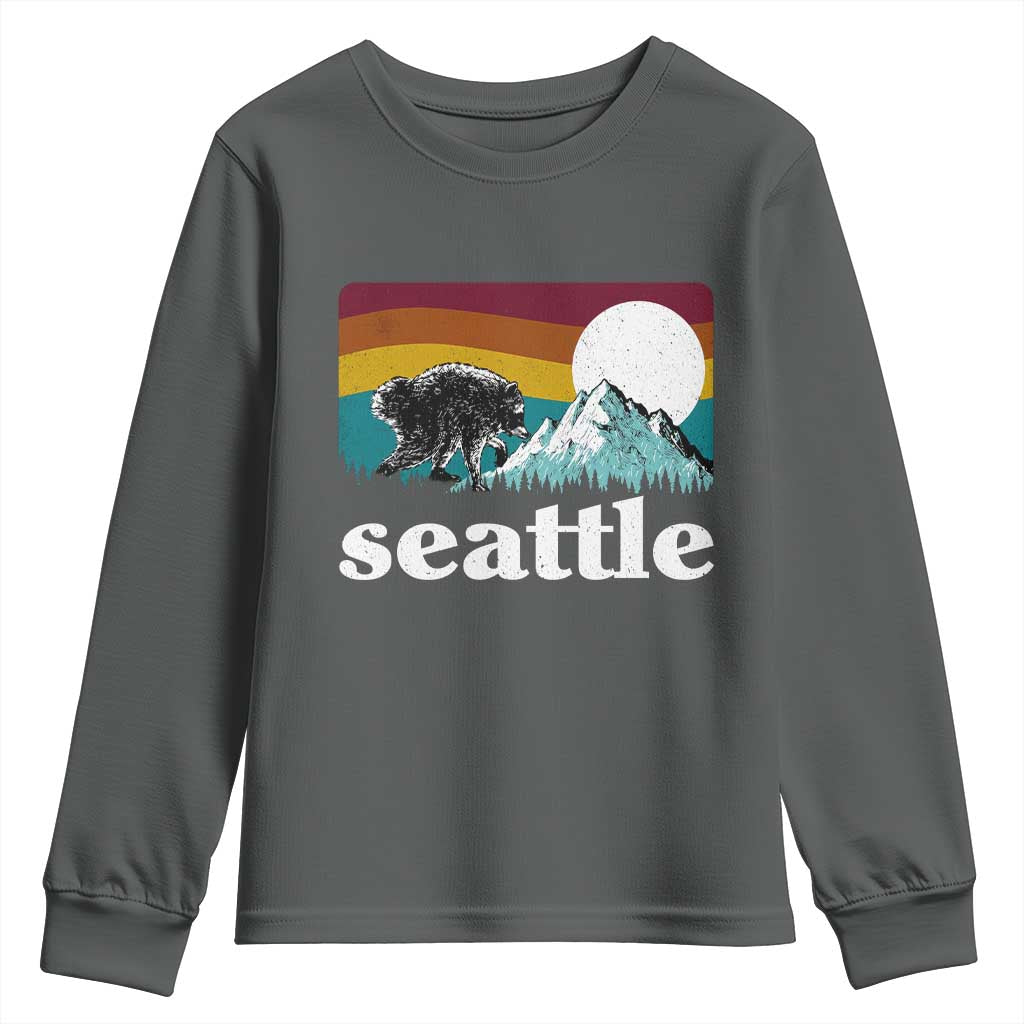 Seattle WA Mountains Jimothy the Raccoon Graphic Youth Sweatshirt Retro Vintage Sunset Viral Trash Panda Feral Legend
