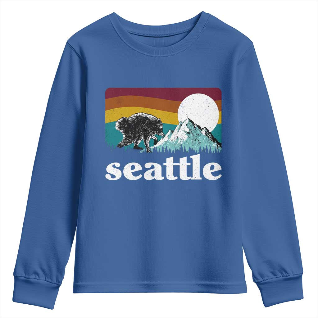 Seattle WA Mountains Jimothy the Raccoon Graphic Youth Sweatshirt Retro Vintage Sunset Viral Trash Panda Feral Legend