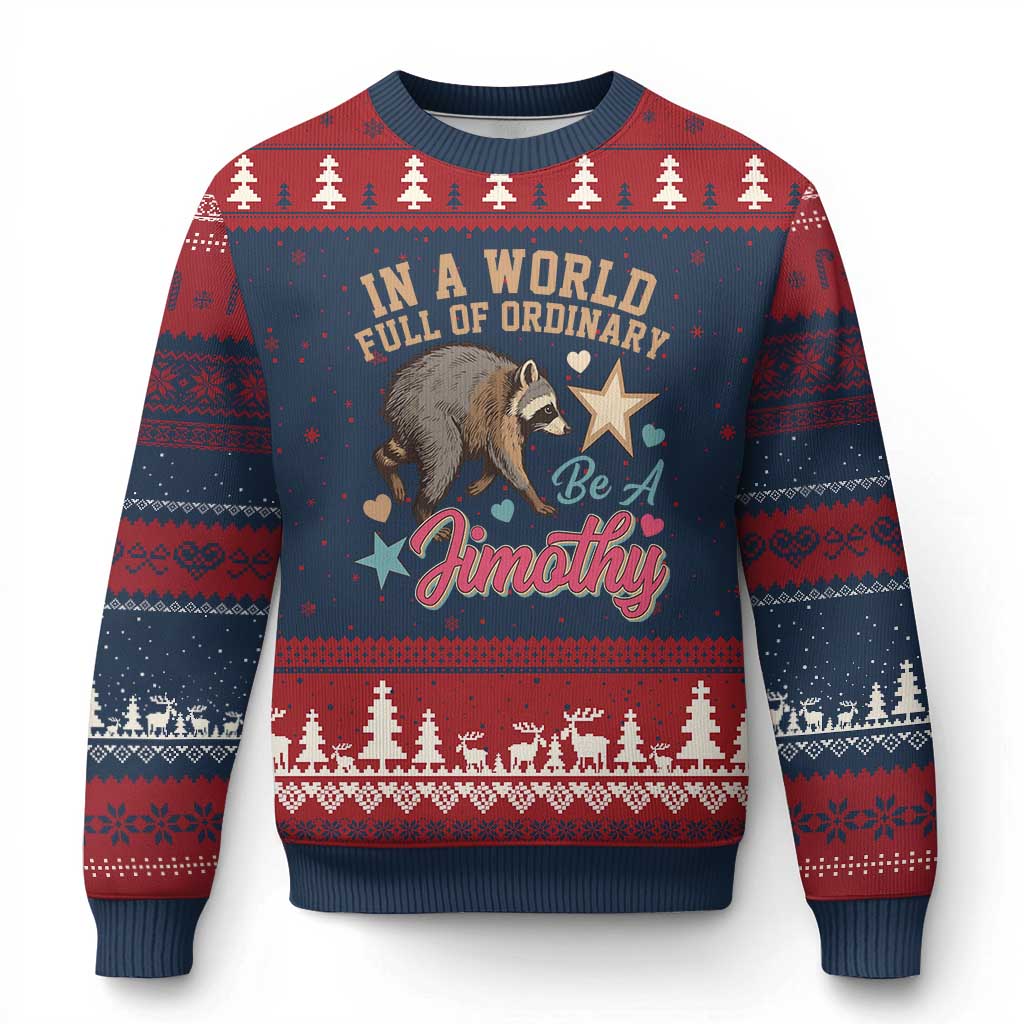 In A World Full Of Ordinary Be A Jimothy Inspirational Ugly Christmas Sweater Cute Vintage Viral Seattle Raccoon Feral Legend Supporter