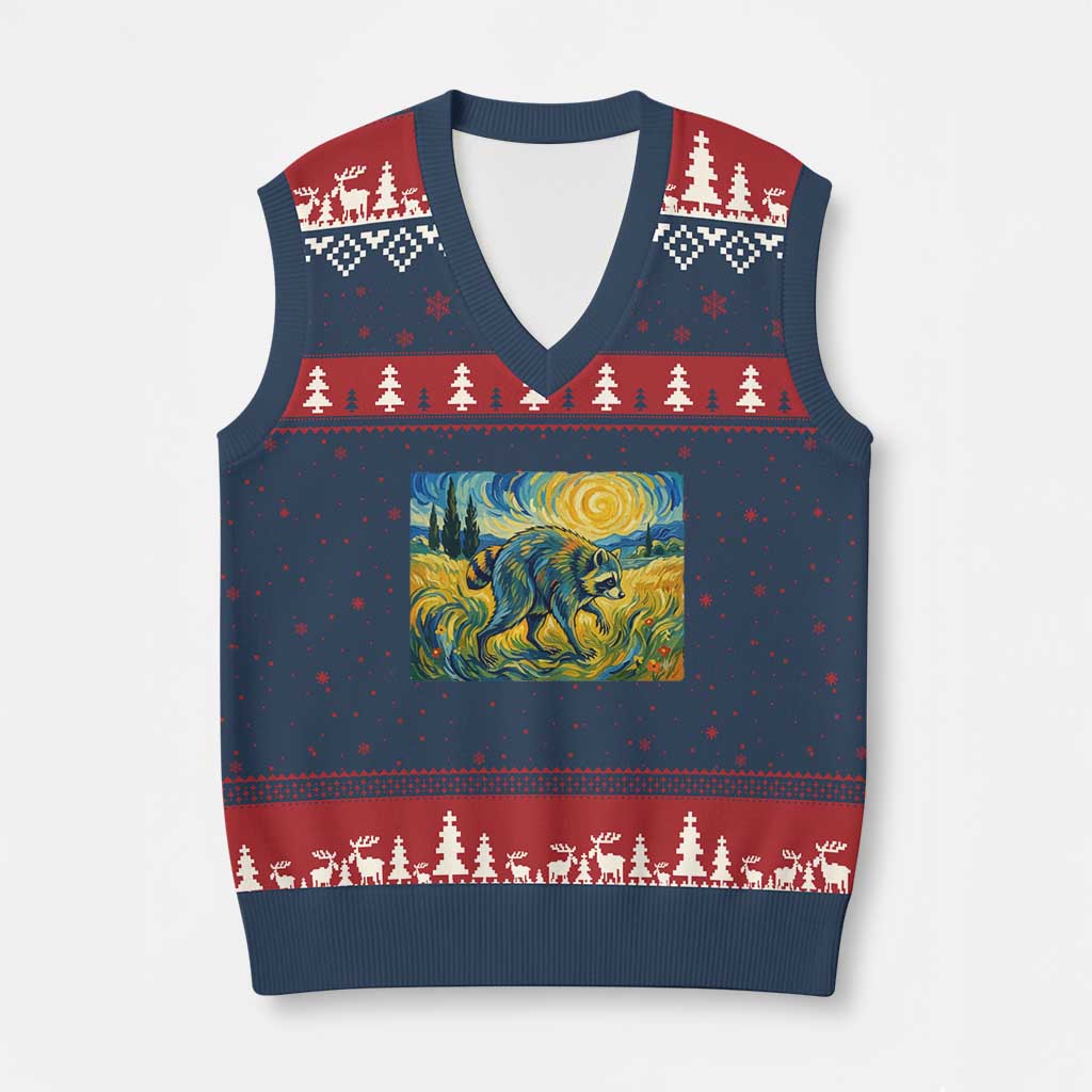 Jimothy Viral Seattle Raccoon Starry Night Style Graphic V-Neck Knit Sweater Vest Trash Panda Feral Legend Supporter