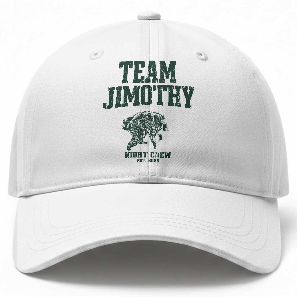 Team Jimothy Night Crew Est 2026 Viral Seattle Raccoon Baseball Cap Feral Legend Trash Panda Vintage Athletic Style Graphic