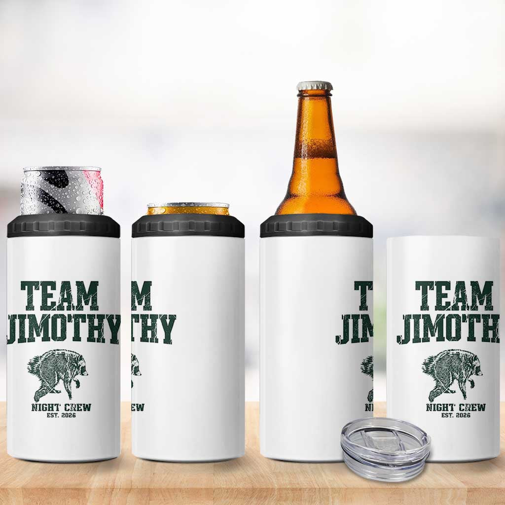 Team Jimothy Night Crew Est 2026 Viral Seattle Raccoon 4 in 1 Can Cooler Tumbler Feral Legend Trash Panda Vintage Athletic Style Graphic