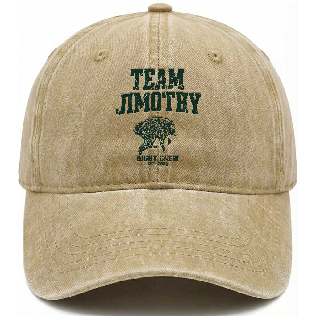 Team Jimothy Night Crew Est 2026 Viral Seattle Raccoon Washed Cotton Baseball Cap Feral Legend Trash Panda Vintage Athletic Style Graphic
