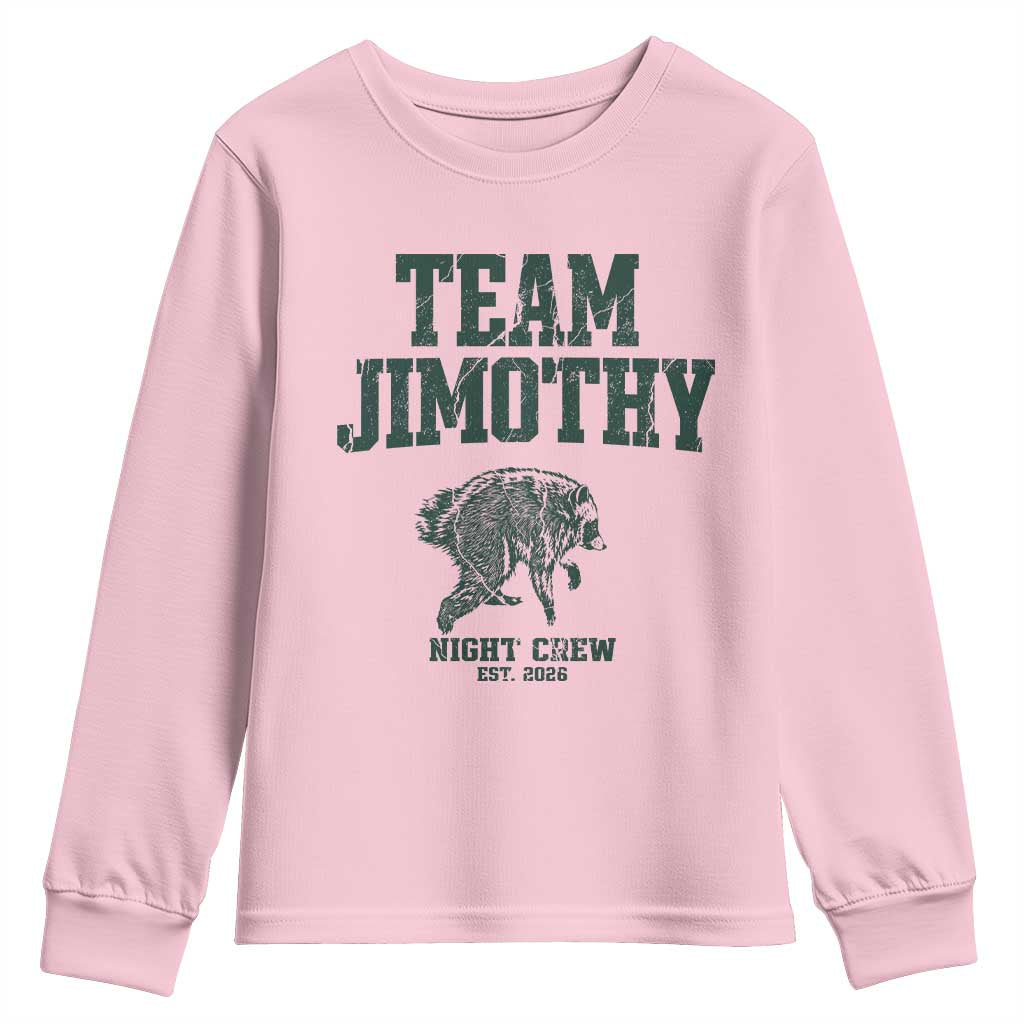 Team Jimothy Night Crew Est 2026 Viral Seattle Raccoon Youth Sweatshirt Feral Legend Trash Panda Vintage Athletic Style Graphic