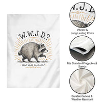 What Would Jimothy Do WWJD Funny Parody Garden Flag Viral Seattle Raccoon Meme Feral Legend Humor