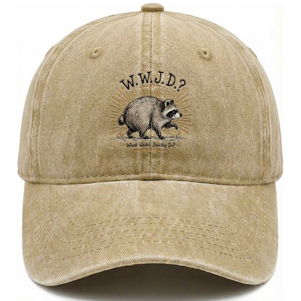 What Would Jimothy Do WWJD Funny Parody Washed Cotton Baseball Cap Viral Seattle Raccoon Meme Feral Legend Humor
