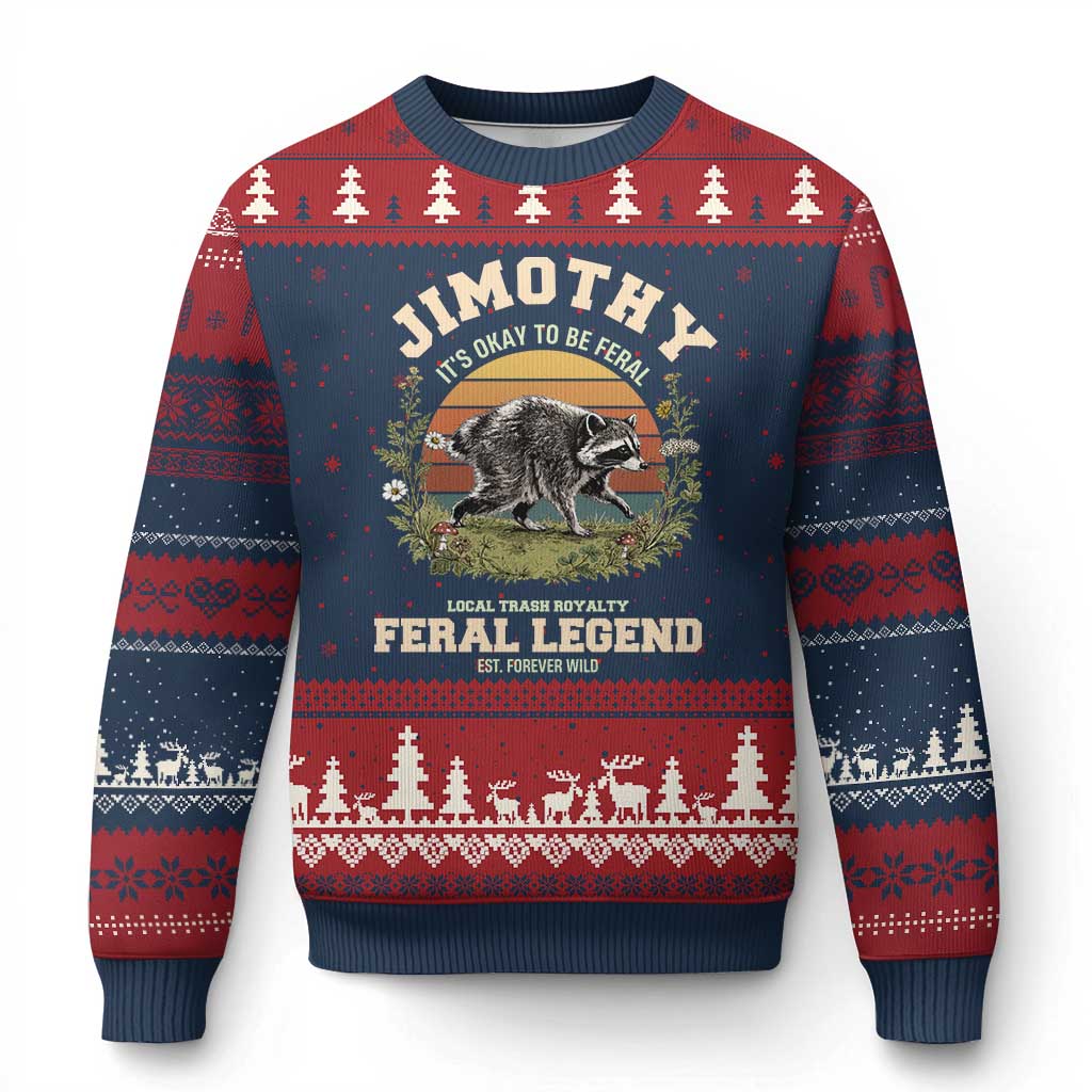 Jimothy Its Okay To Be Feral Seattle Raccoon Cottagecore Ugly Christmas Sweater Local Trash Royalty Wildlife Legend Meme