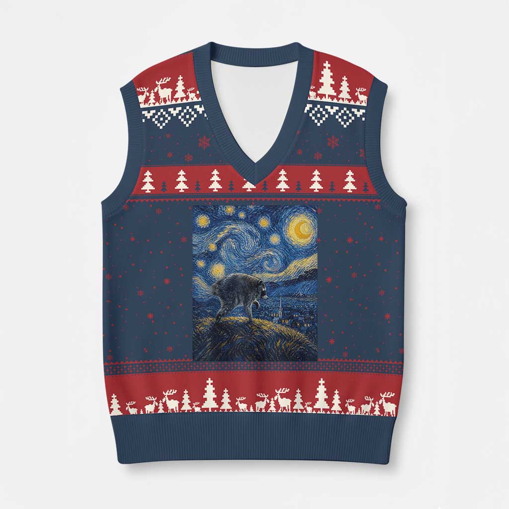 Jimothy Seattle Raccoon Starry Night Parody Graphic V-Neck Knit Sweater Vest Trash Panda Feral Legend Supporter