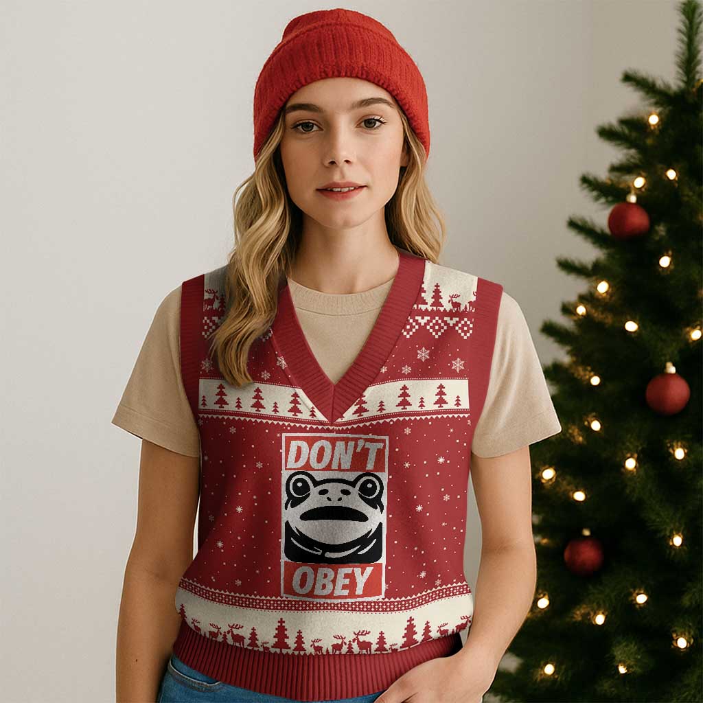 Don't Obey Portland Frog V-Neck Knit Sweater Vest Protest Parody Poster Graphic - Wonder Print Shop