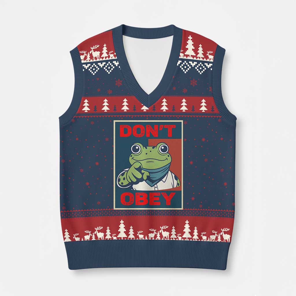 Don't Obey Portland Frog V-Neck Knit Sweater Vest Frogs Protest Activism Hope Style Poster Graphic - Wonder Print Shop