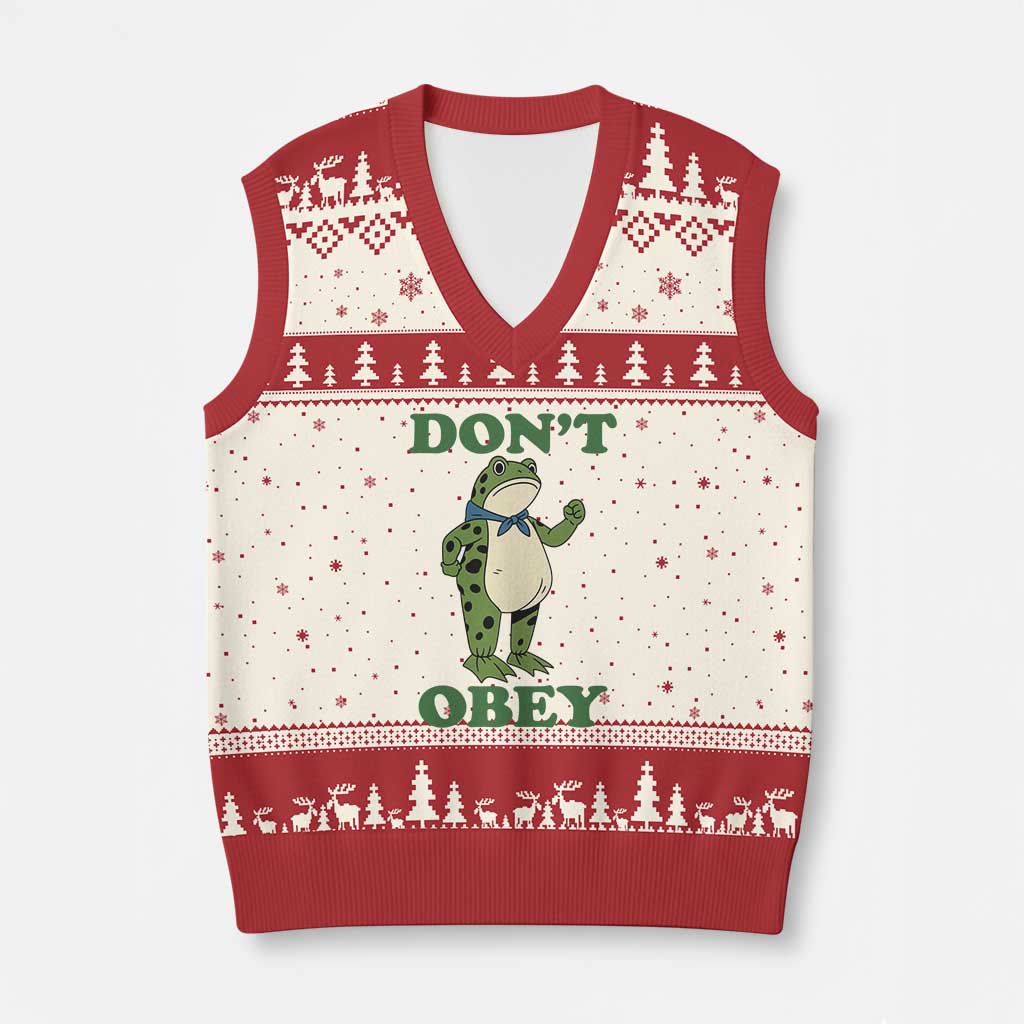 Don't Obey Portland Frog V-Neck Knit Sweater Vest Resist Inflatable Frogs Protest - Wonder Print Shop