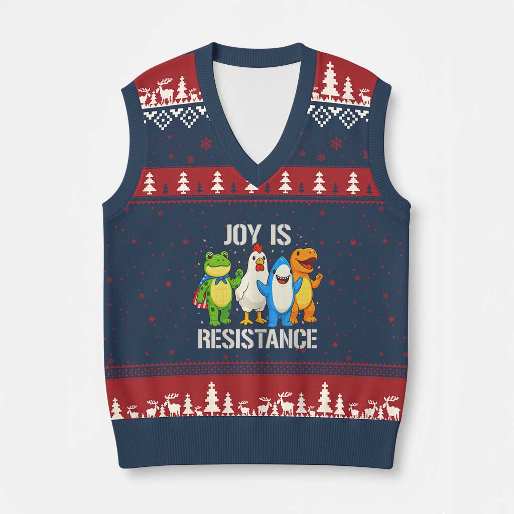 Portland Protest Inflatable Mascot Parade V-Neck Knit Sweater Vest Joy Is Resistance Resist Frog Shark Chicken Dino - Wonder Print Shop