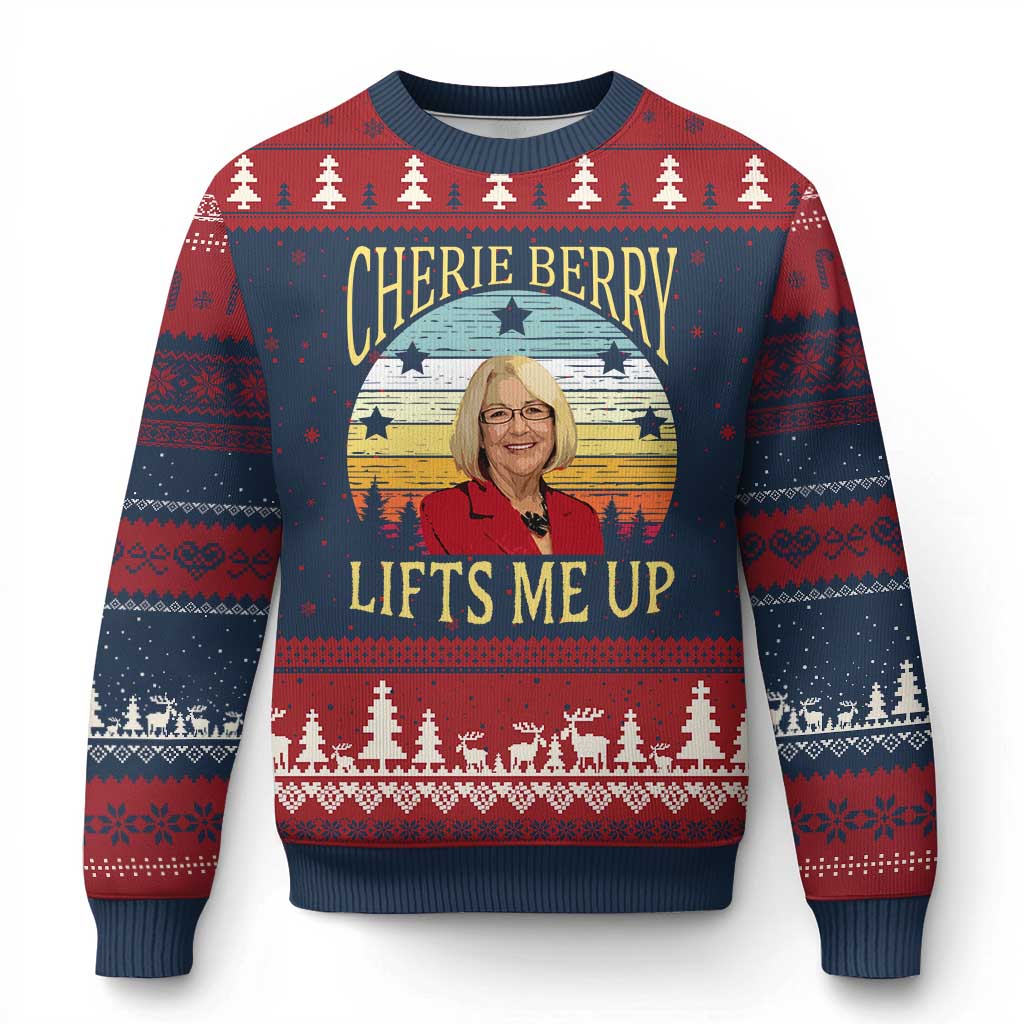 Cherie Berry Lifts Me Up Ugly Christmas Sweater Retro Vinatge Elevator Tribute Funny NC Meme - Wonder Print Shop