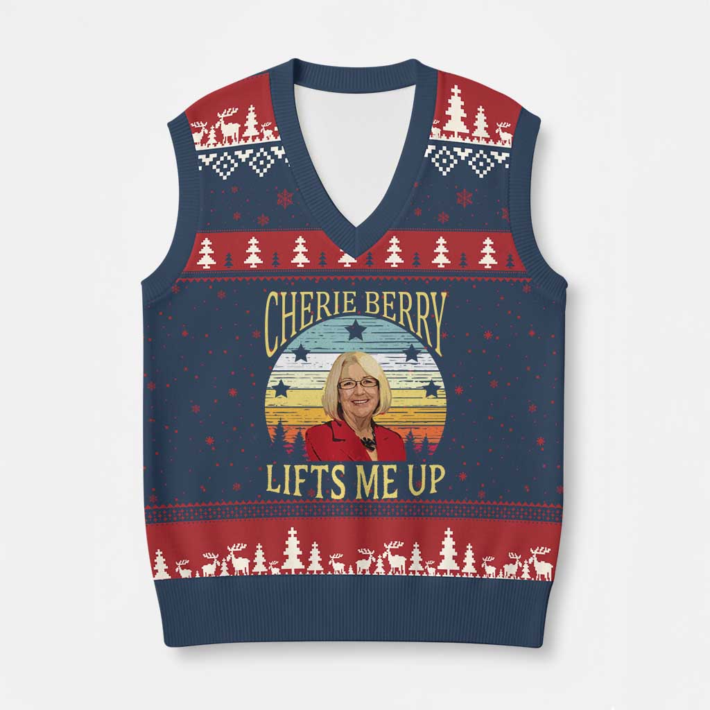 Cherie Berry Lifts Me Up V-Neck Knit Sweater Vest Retro Vinatge Elevator Tribute Funny NC Meme - Wonder Print Shop