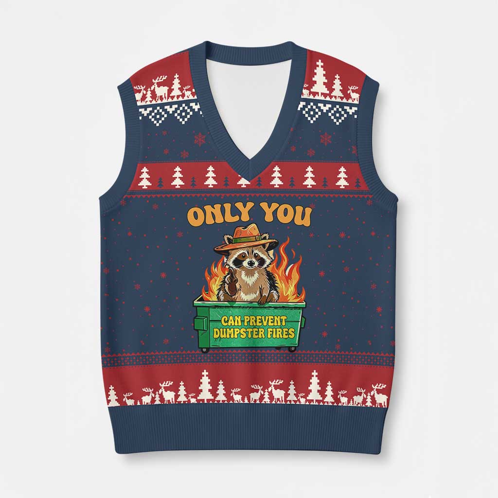 Only You Can Prevent Dumpster Fires Funny Raccoon V-Neck Knit Sweater Vest Sarcastic Chaos Humor Holiday Gag Gift - Wonder Print Shop