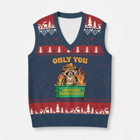Only You Can Prevent Dumpster Fires Funny Raccoon V-Neck Knit Sweater Vest Sarcastic Chaos Humor Holiday Gag Gift - Wonder Print Shop