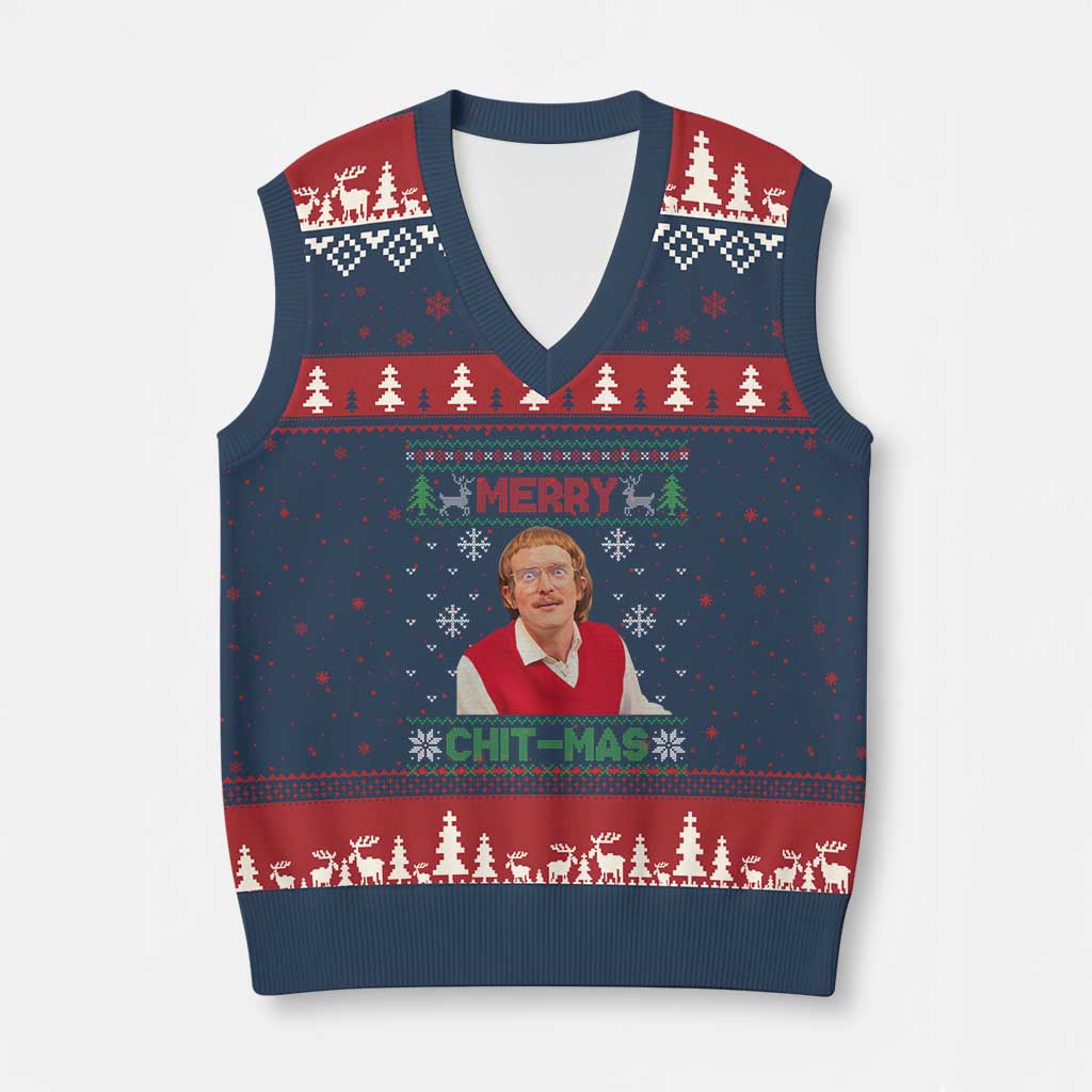 Funny Chit Christmas Merry Chit-Mas V-Neck Knit Sweater Vest Retro Holiday Humor - Wonder Print Shop
