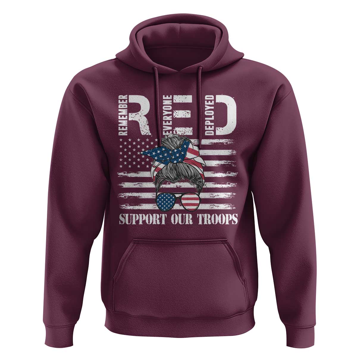 Red Friday Hoodie R.E.D Remember Everyone Deployed American Flag Messy Bun - Wonder Print Shop
