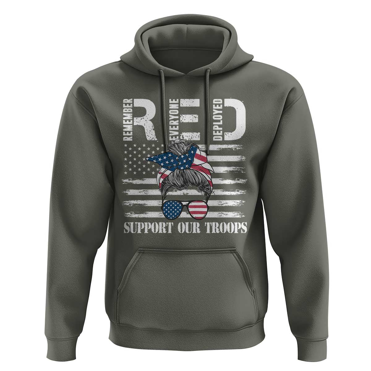 Red Friday Hoodie R.E.D Remember Everyone Deployed American Flag Messy Bun - Wonder Print Shop
