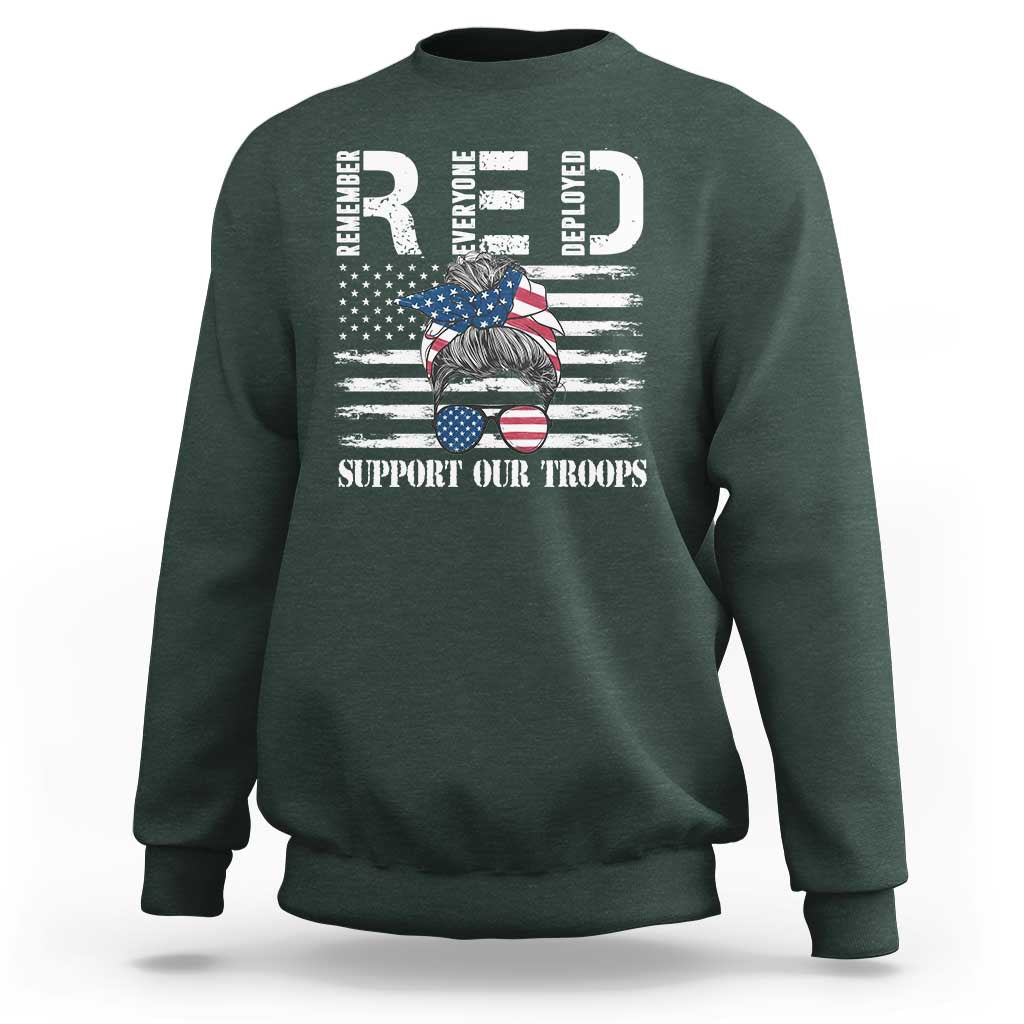 Red Friday Sweatshirt R.E.D Remember Everyone Deployed American Flag Messy Bun - Wonder Print Shop