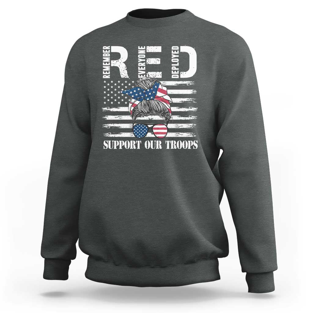 Red Friday Sweatshirt R.E.D Remember Everyone Deployed American Flag Messy Bun - Wonder Print Shop