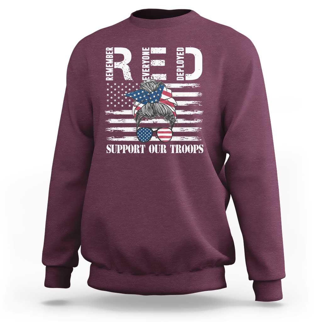 Red Friday Sweatshirt R.E.D Remember Everyone Deployed American Flag Messy Bun - Wonder Print Shop