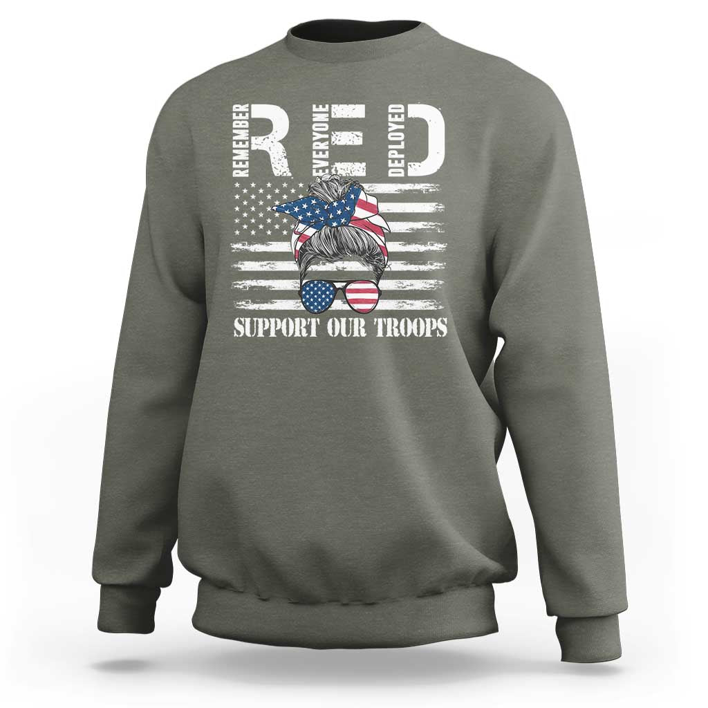 Red Friday Sweatshirt R.E.D Remember Everyone Deployed American Flag Messy Bun - Wonder Print Shop