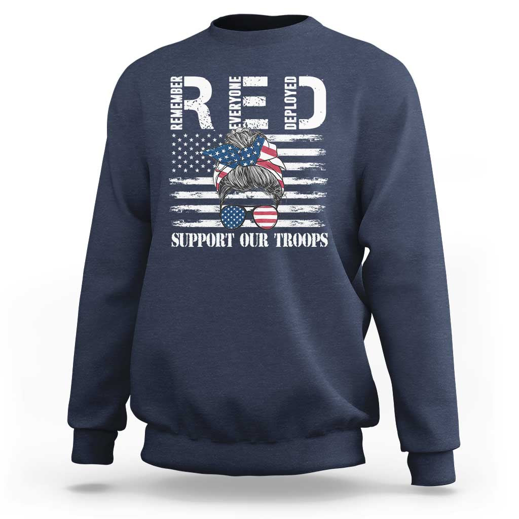 Red Friday Sweatshirt R.E.D Remember Everyone Deployed American Flag Messy Bun - Wonder Print Shop