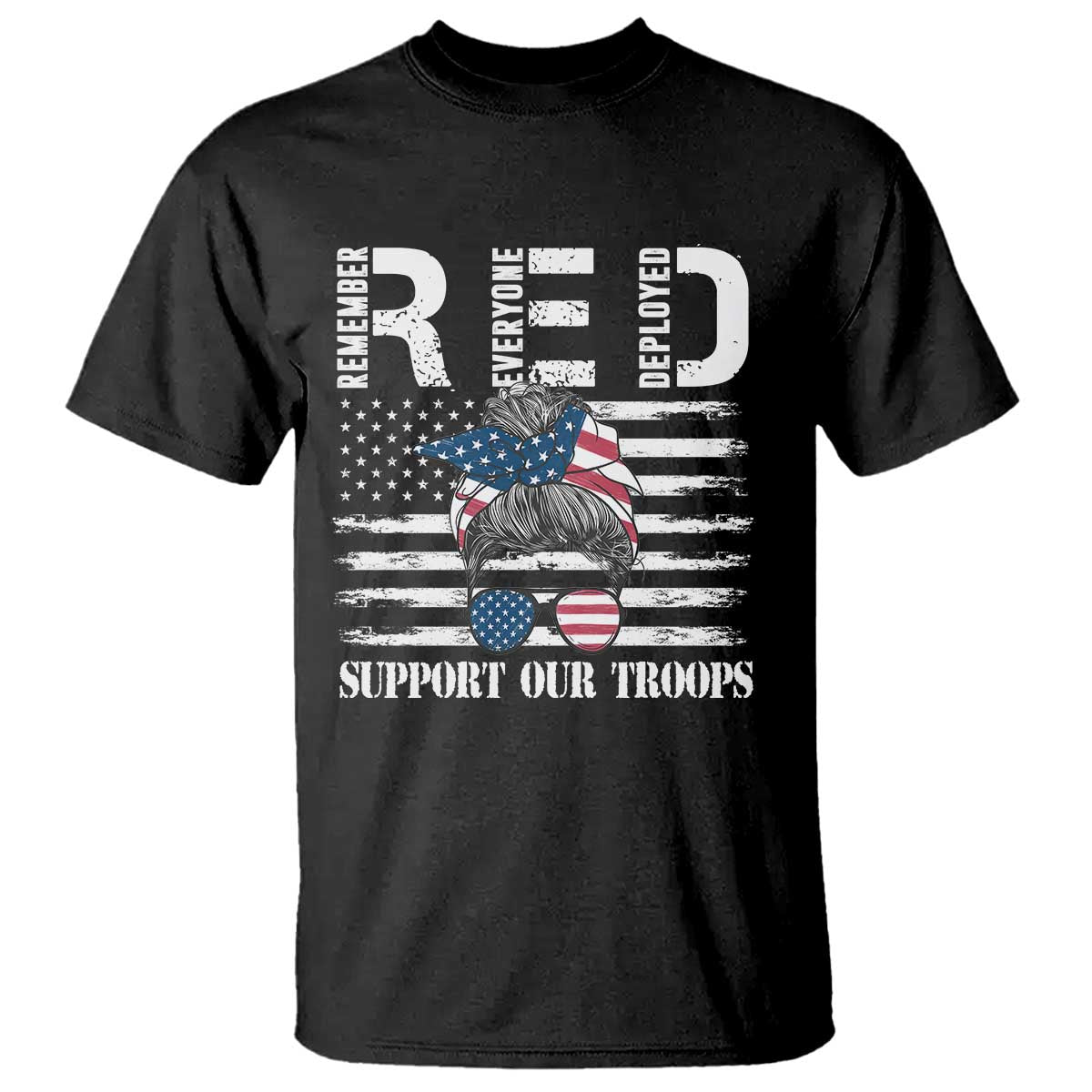 Red Friday T Shirt R.E.D Remember Everyone Deployed American Flag Messy Bun - Wonder Print Shop