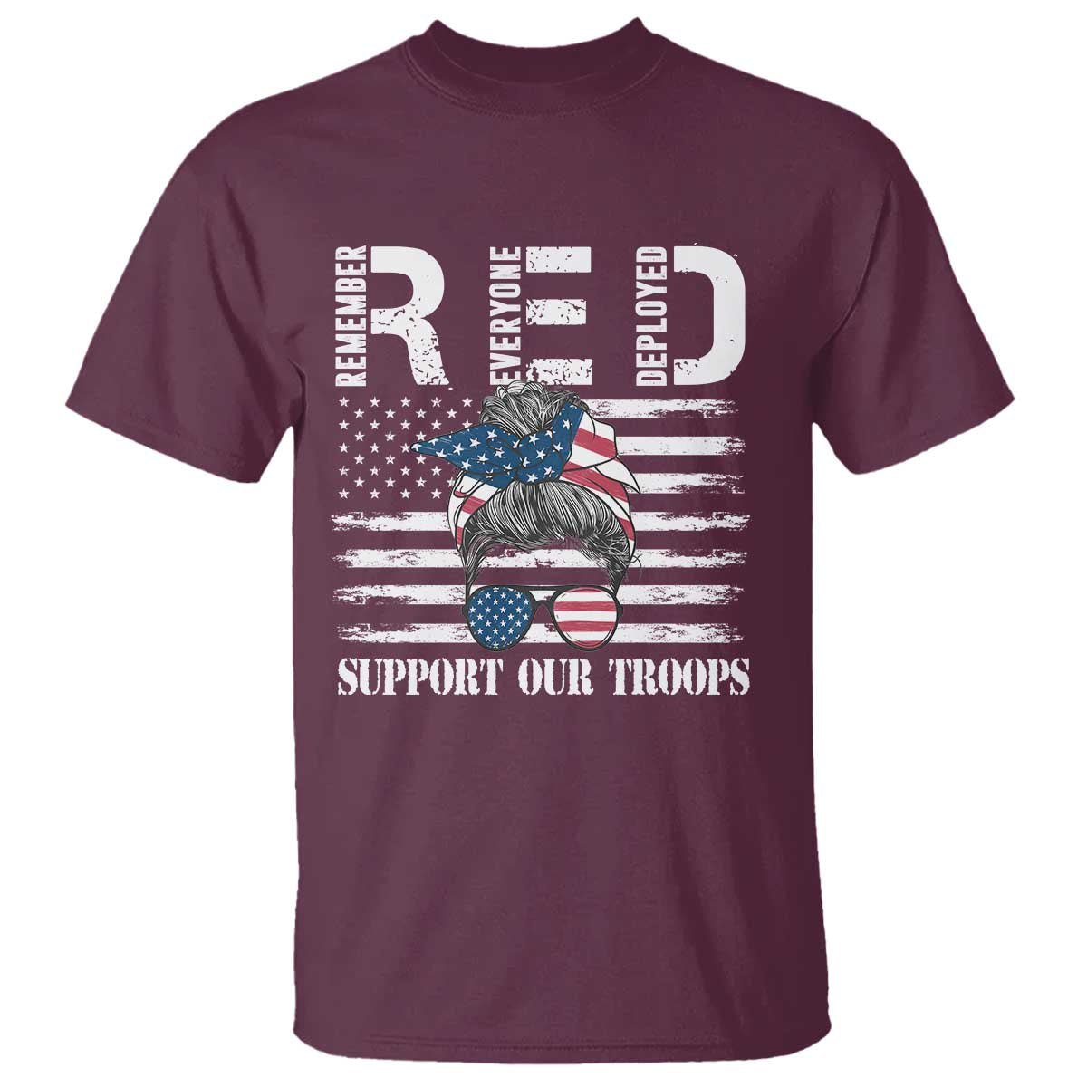 Red Friday T Shirt R.E.D Remember Everyone Deployed American Flag Messy Bun - Wonder Print Shop