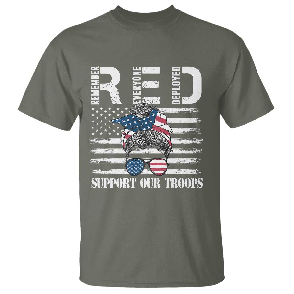Red Friday T Shirt R.E.D Remember Everyone Deployed American Flag Messy Bun - Wonder Print Shop