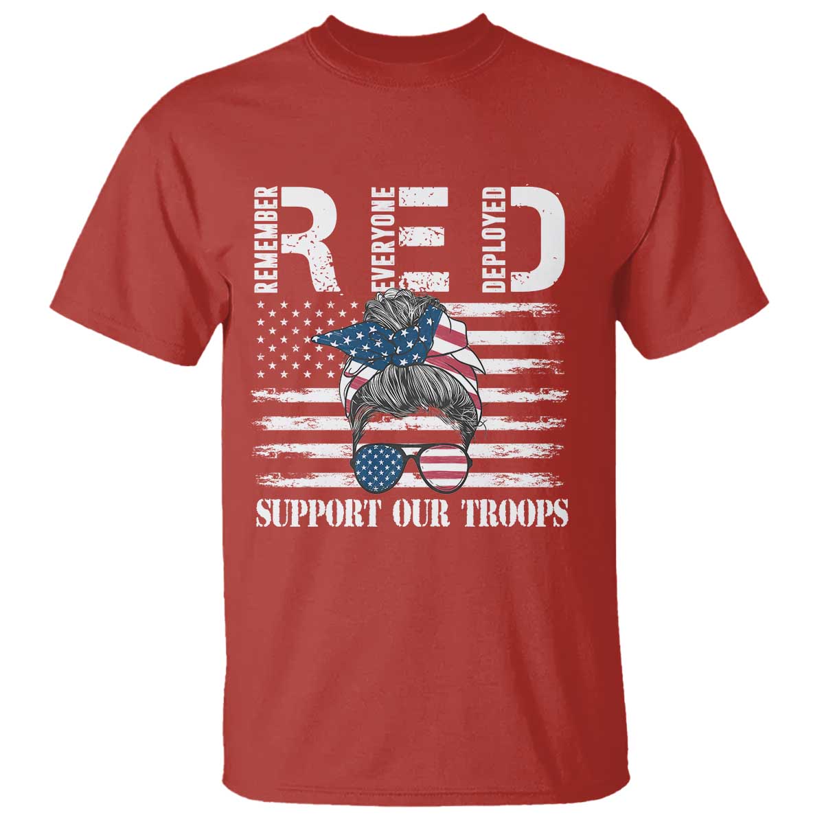 Red Friday T Shirt R.E.D Remember Everyone Deployed American Flag Messy Bun - Wonder Print Shop