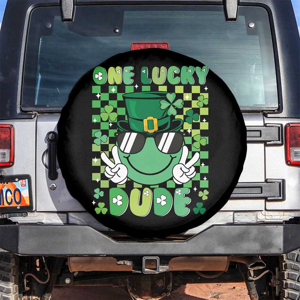 Retro St Patrick's Day Spare Tire Cover One Lucky Dude Green Checkered Heart Groovy