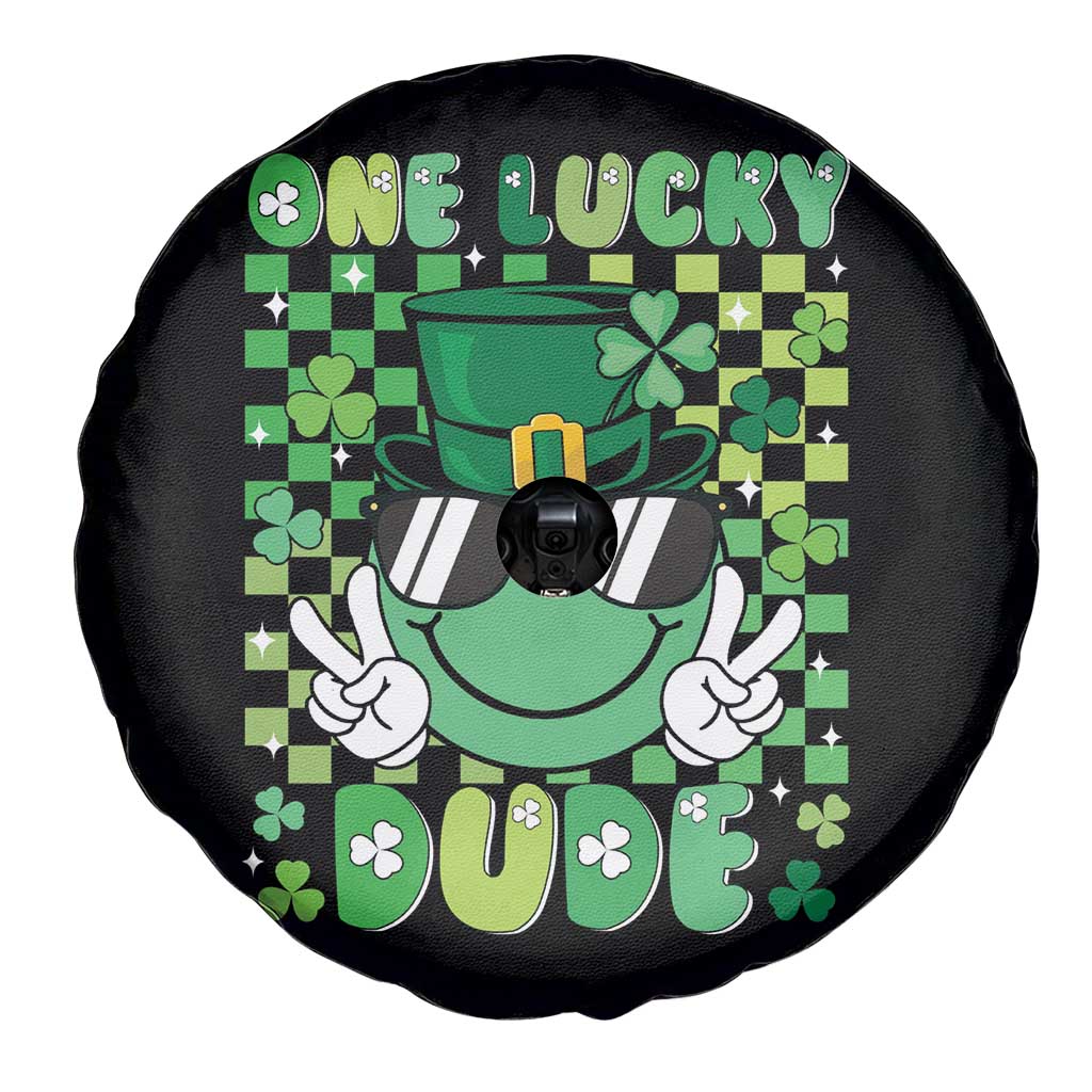 Retro St Patrick's Day Spare Tire Cover One Lucky Dude Green Checkered Heart Groovy