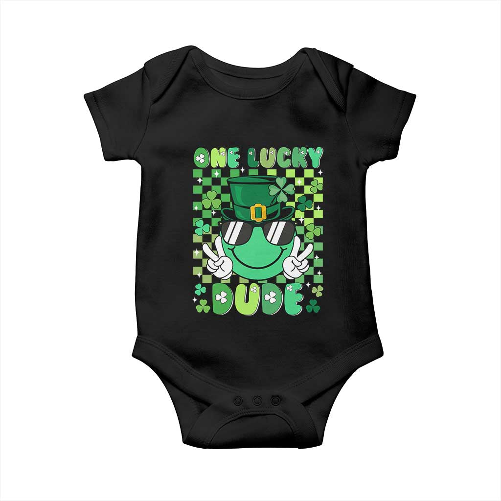 Retro St Patrick's Day Baby Onesie One Lucky Dude Green Checkered Heart Groovy