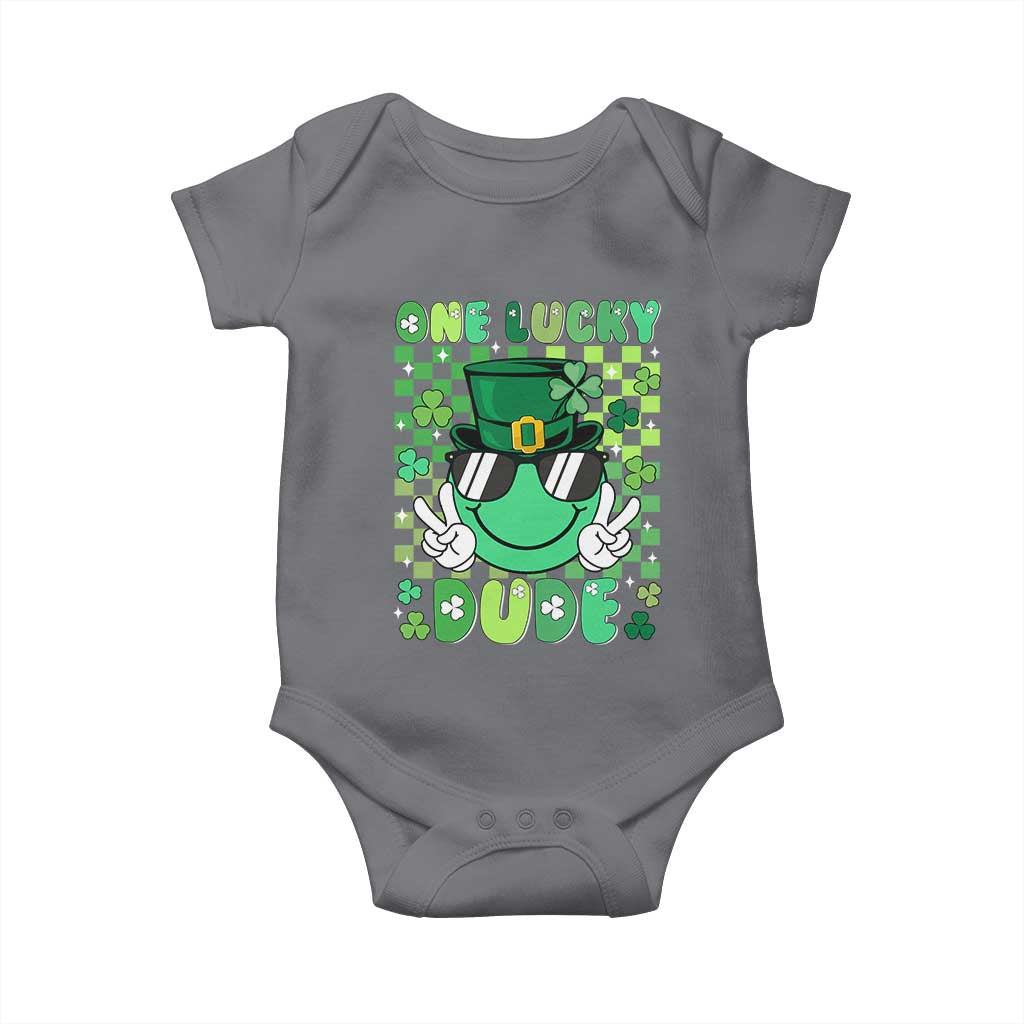 Retro St Patrick's Day Baby Onesie One Lucky Dude Green Checkered Heart Groovy