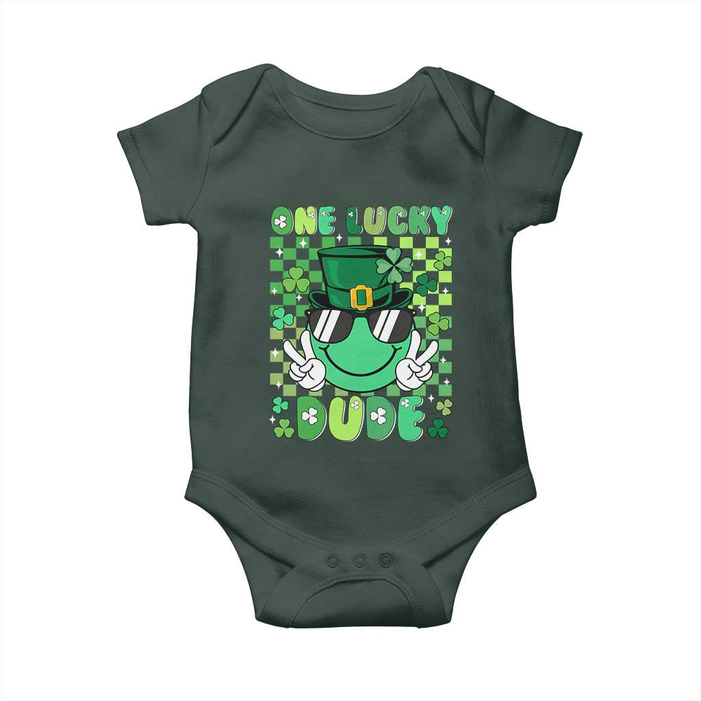 Retro St Patrick's Day Baby Onesie One Lucky Dude Green Checkered Heart Groovy