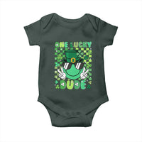 Retro St Patrick's Day Baby Onesie One Lucky Dude Green Checkered Heart Groovy