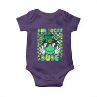 Retro St Patrick's Day Baby Onesie One Lucky Dude Green Checkered Heart Groovy