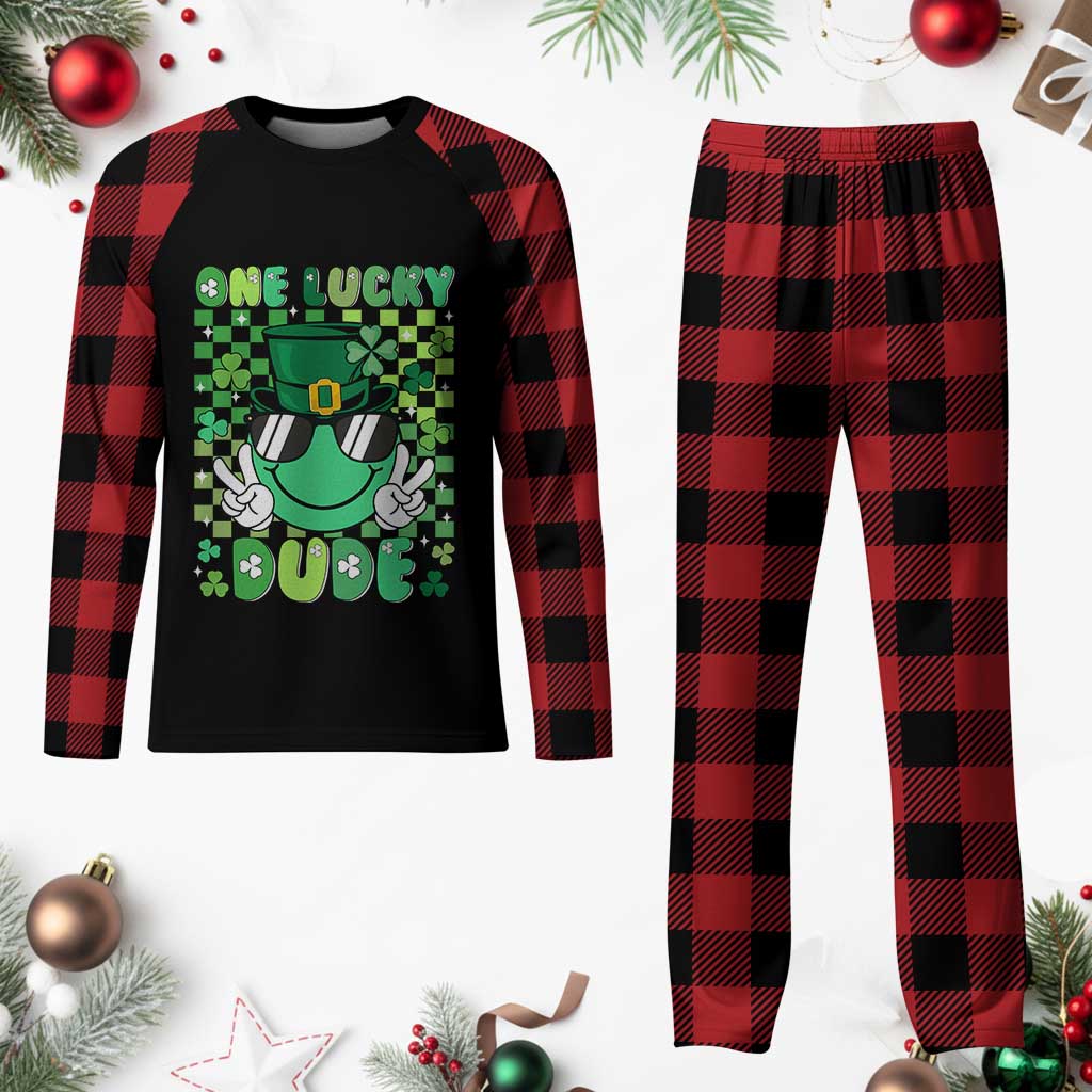Retro St Patrick's Day Plaid Pajama Set One Lucky Dude Green Checkered Heart Groovy - Wonder Print Shop