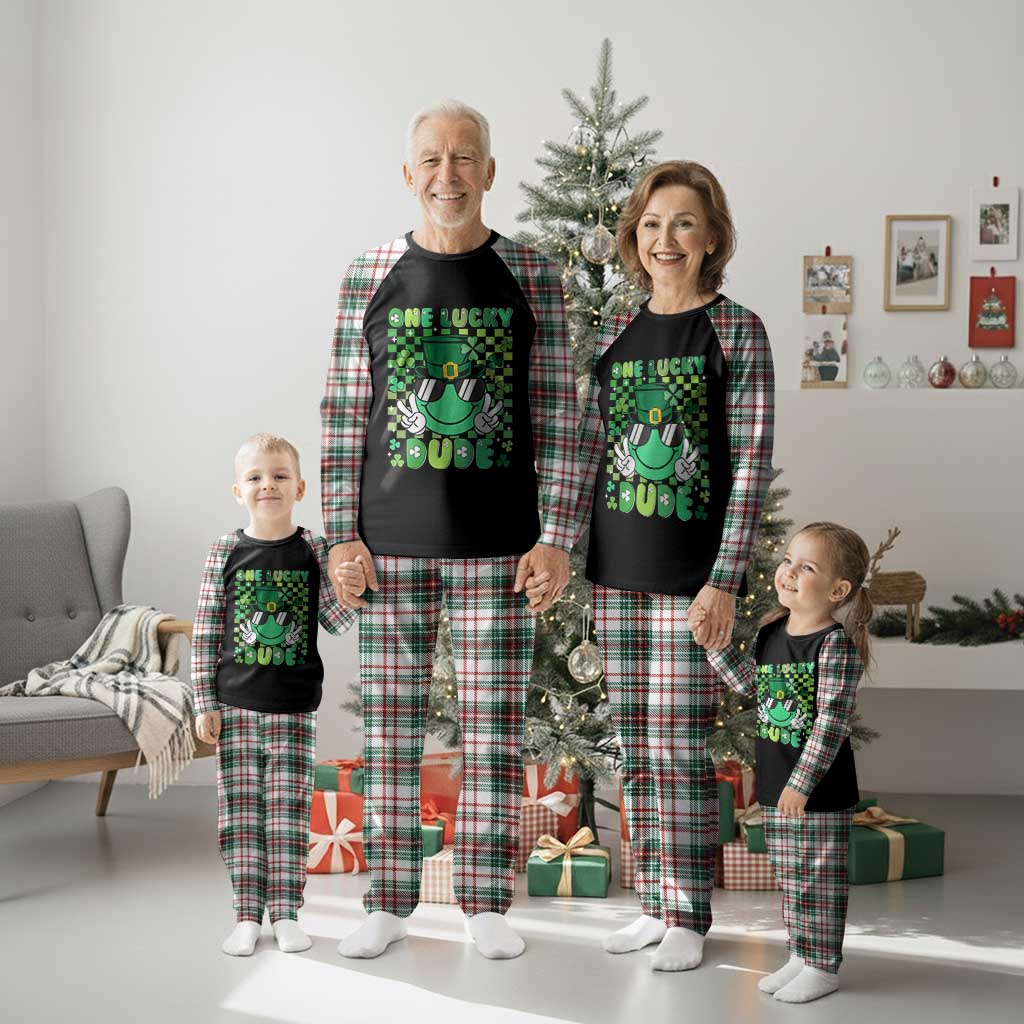Retro St Patrick's Day Plaid Pajama Set One Lucky Dude Green Checkered Heart Groovy - Wonder Print Shop