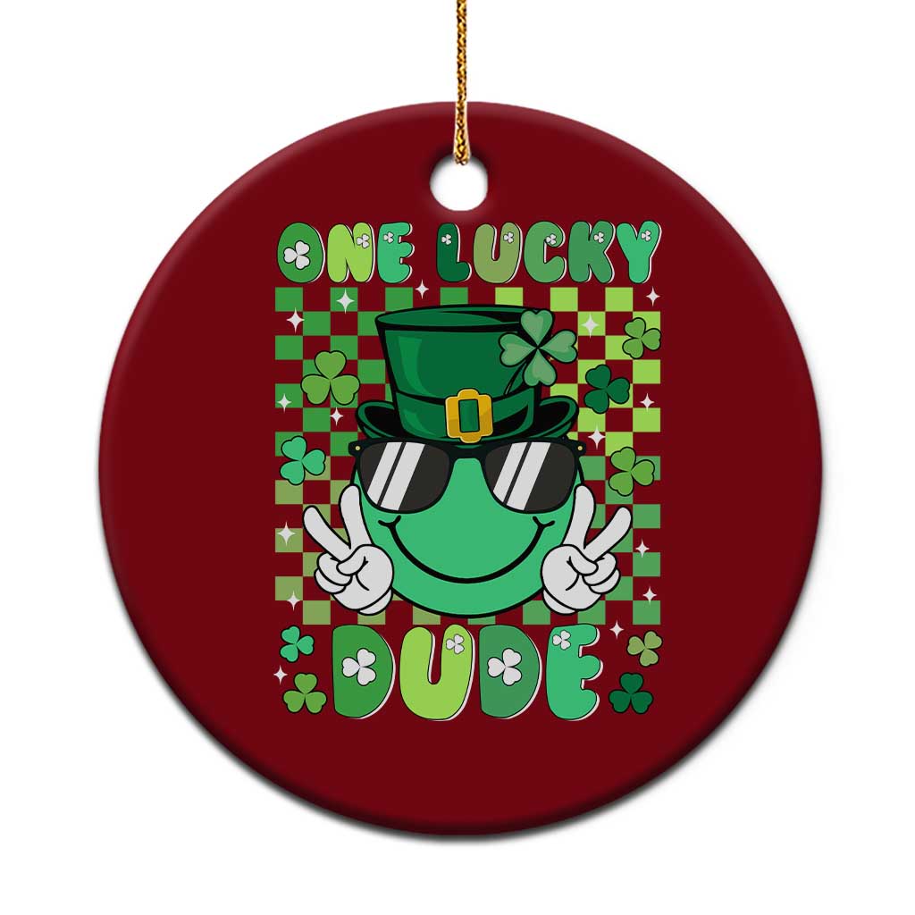 Retro St Patrick's Day Ceramic Ornament One Lucky Dude Green Checkered Heart Groovy - Wonder Print Shop