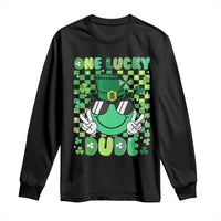 Retro St Patrick's Day Long Sleeve Shirt One Lucky Dude Green Checkered Heart Groovy