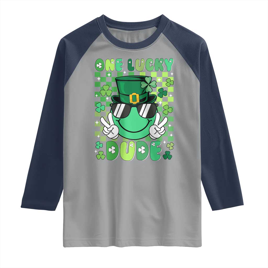 Retro St Patrick's Day Raglan Shirt One Lucky Dude Green Checkered Heart Groovy