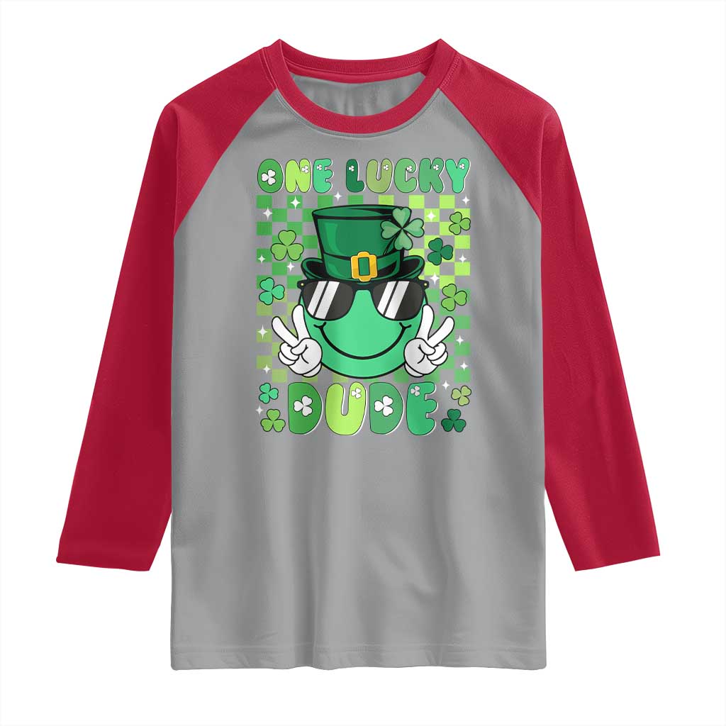 Retro St Patrick's Day Raglan Shirt One Lucky Dude Green Checkered Heart Groovy