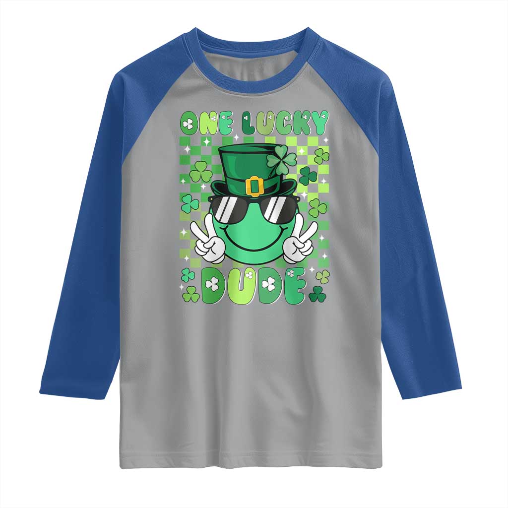 Retro St Patrick's Day Raglan Shirt One Lucky Dude Green Checkered Heart Groovy