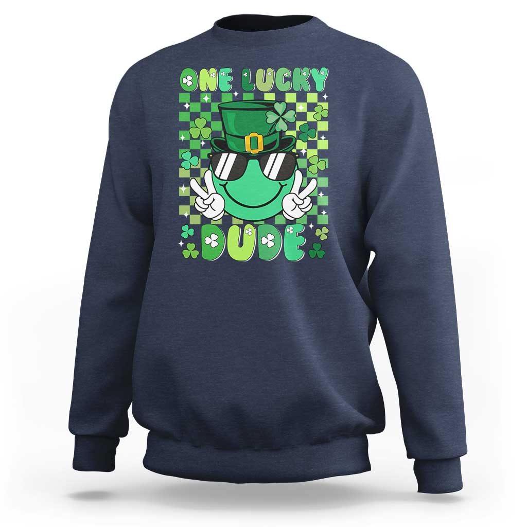 Retro St Patrick's Day Sweatshirt One Lucky Dude Green Checkered Heart Groovy
