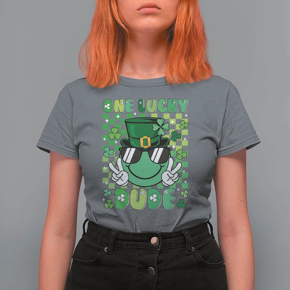 Retro St Patrick's Day T Shirt For Women One Lucky Dude Green Checkered Heart Groovy